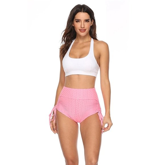 High Rise Yoga Short Wide Waistband Ruched Shorts Hides tummy flab - Pink - Picture 3 of 7